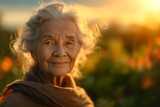 Portrait of an elderly woman with white hair and wrinkles smiling in a field of flowers at sunset