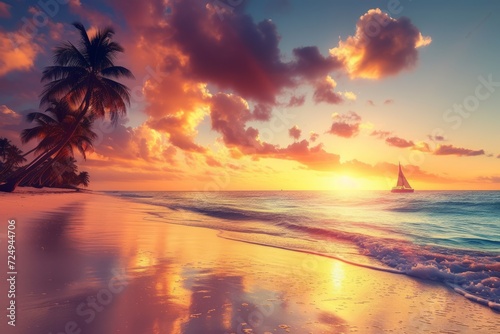 Tropical beach at sunset with palm trees and sailboat on calm sea