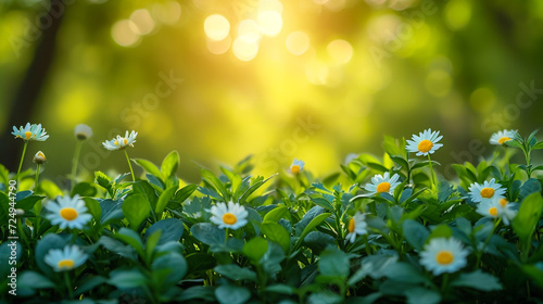 White Daises flowers on meadow during spring blossom with sunrays, selective focus and blurred background