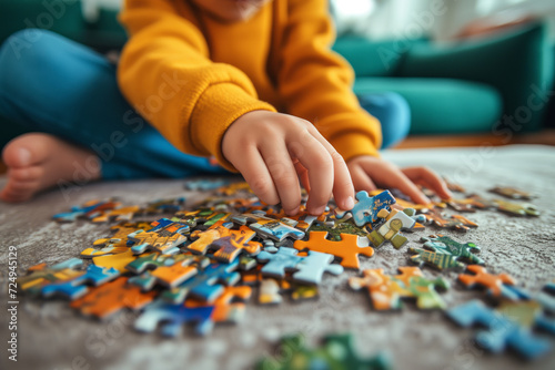 Little girl playing puzzles at home. Child connecting jigsaw puzzle pieces in a living room table. Kid assembling a jigsaw puzzle. Fun family leisure.