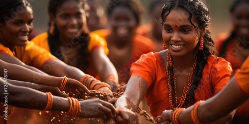 Women in vibrant orange saris engage in a traditional dance, their joy palpable
