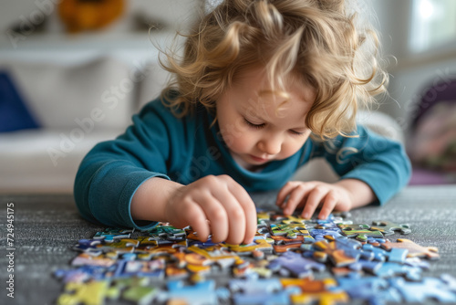 Little girl playing puzzles at home. Child connecting jigsaw puzzle pieces in a living room table. Kid assembling a jigsaw puzzle. Fun family leisure.