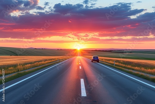 Car driving on a rural road at sunset © Adobe Contributor