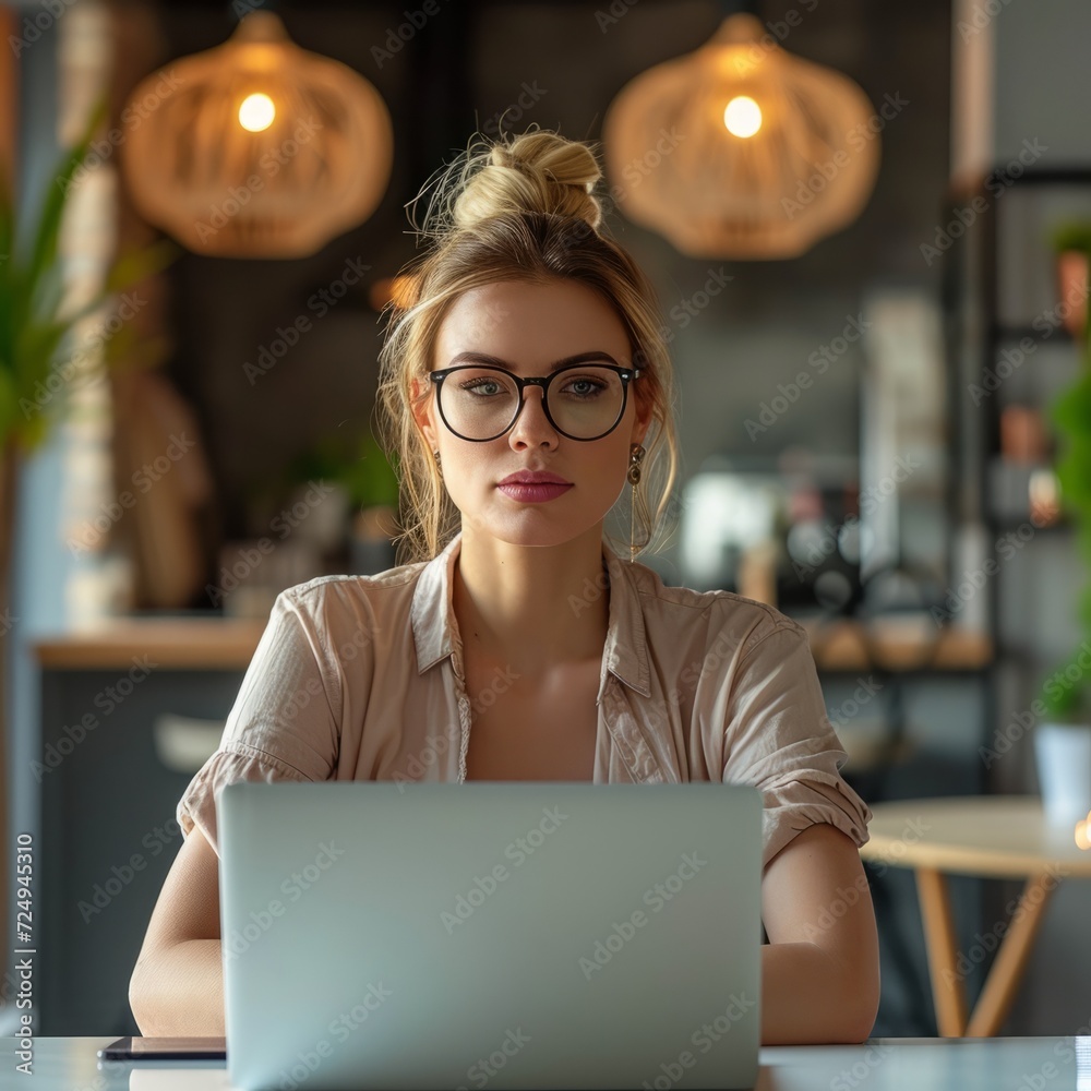 Young woman with glasses using laptop in cafe Young woman with glasses using laptop in cafe