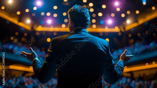A speaker giving a presentation on stage in front of a large audience © Adobe Contributor
