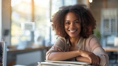 Portrait of a smiling young woman leaning on a stack of documents in an office