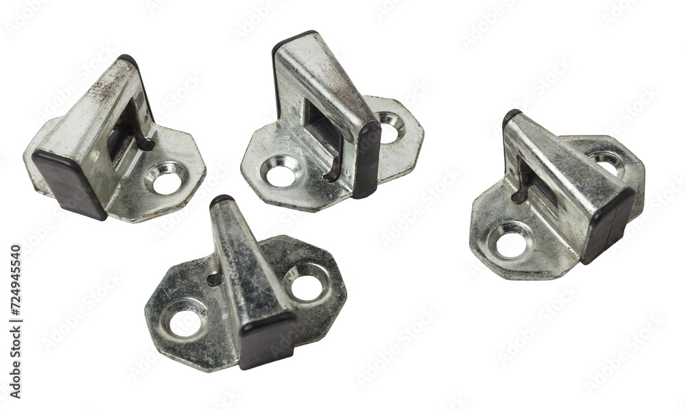 Spare part and body element hinge of a door lock from a car on a white isolated background. Auto service industry. Spare part and body element hinge of a door lock from a car on a white isolated background. Auto service industry.