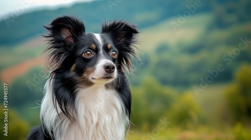 A cute dog with long hair and pointy ears is looking away from the camera with a blurred background of green hills.