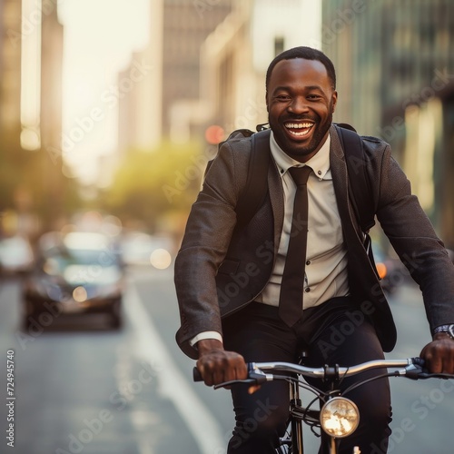 A cheerful man, dressed in casual clothing, smiles as he rides his bicycle through the bustling city streets, with a backdrop of buildings and a human face of determination