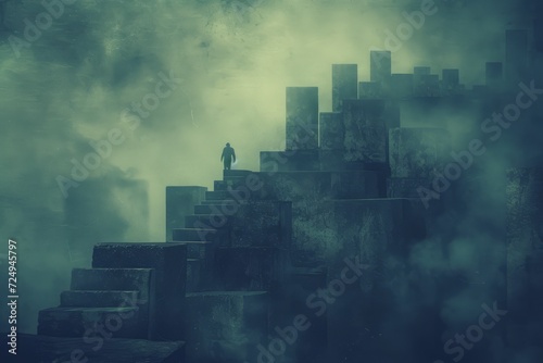 A lone figure stands on a dark and stormy cliff