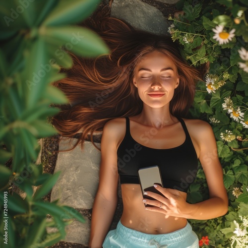 A young woman in sportswear is lying on the ground, holding her phone photo