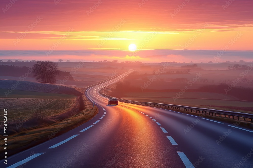 Car driving on an empty road at sunset