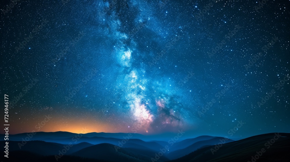 Amazing view of the night sky full of stars and a bright milky way over the mountain range