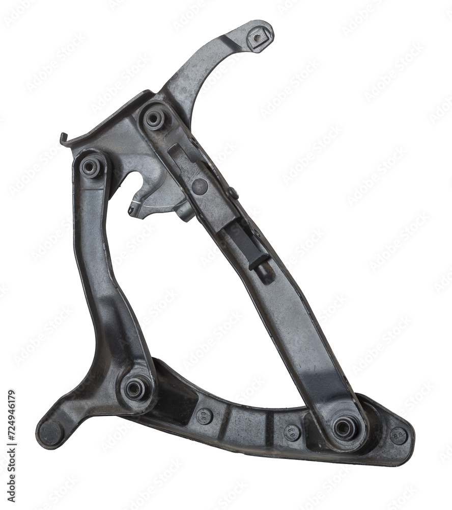 Pair of hinges for attaching the hood or trunk of the car on a white isolated background. Auto parts for catalog and repair of vehicles. Pair of hinges for attaching the hood or trunk of the car on a white isolated background. Auto parts for catalog and repair of vehicles.