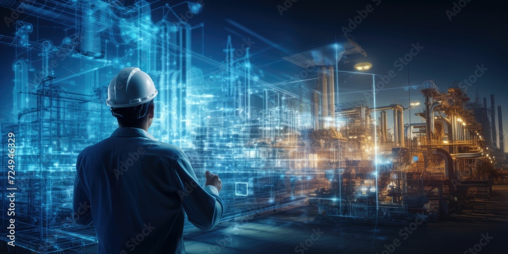 Fototapeta premium futuristic industry 4.0 technology concept, engineer hold tablet and using augmented reality, digital twin, digital transformation, artificial intelligence, machine learning 5g to control ai robot 