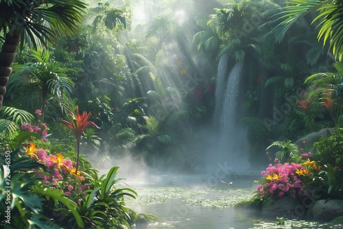Misty rainforest with waterfall and flowers