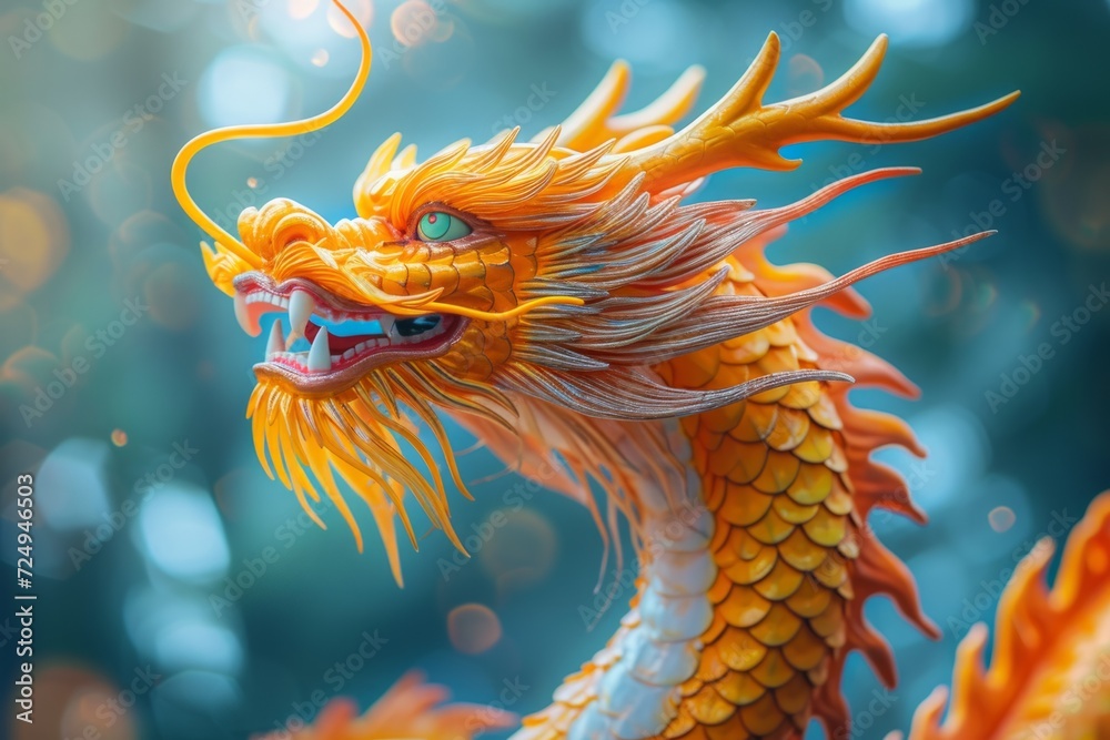 A golden dragon with green eyes and a long beard