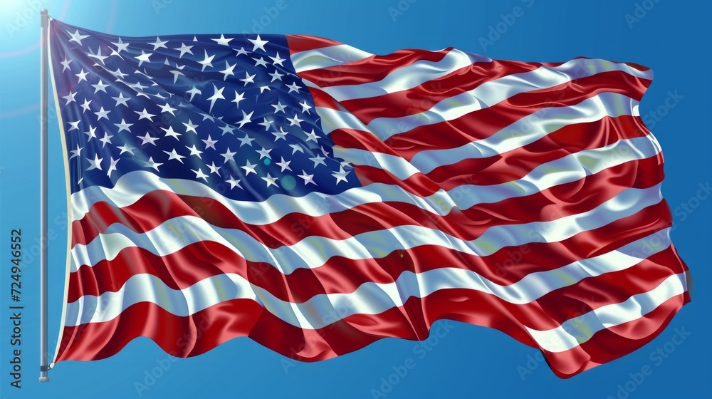 Fototapeta premium Waving American flag in the blue sky