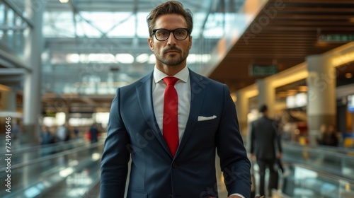 Confident businessman in glasses walking through airport