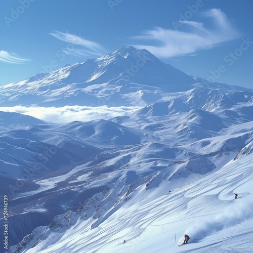 Four skiers are skiing down a steep mountain slope on a sunny day with a large snow-capped mountain in the distance © Adobe Contributor
