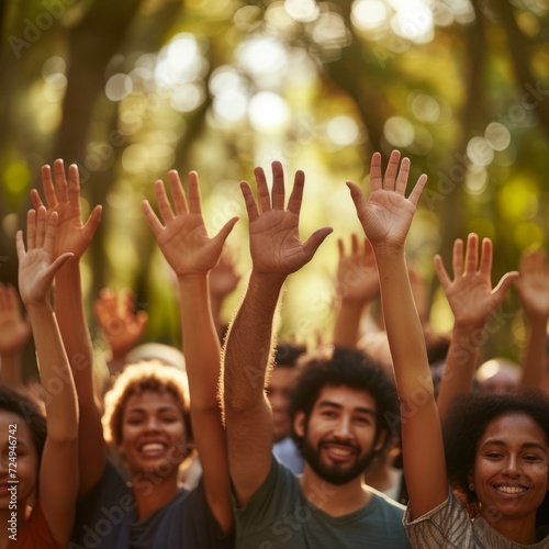 A group of people raising their hands in a forest