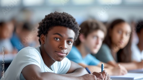 Portrait of a smiling African-American teenage boy sitting at a desk in a classroom with other students in the background