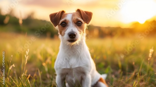 A cute Jack Russell Terrier dog sits in a green field at sunset