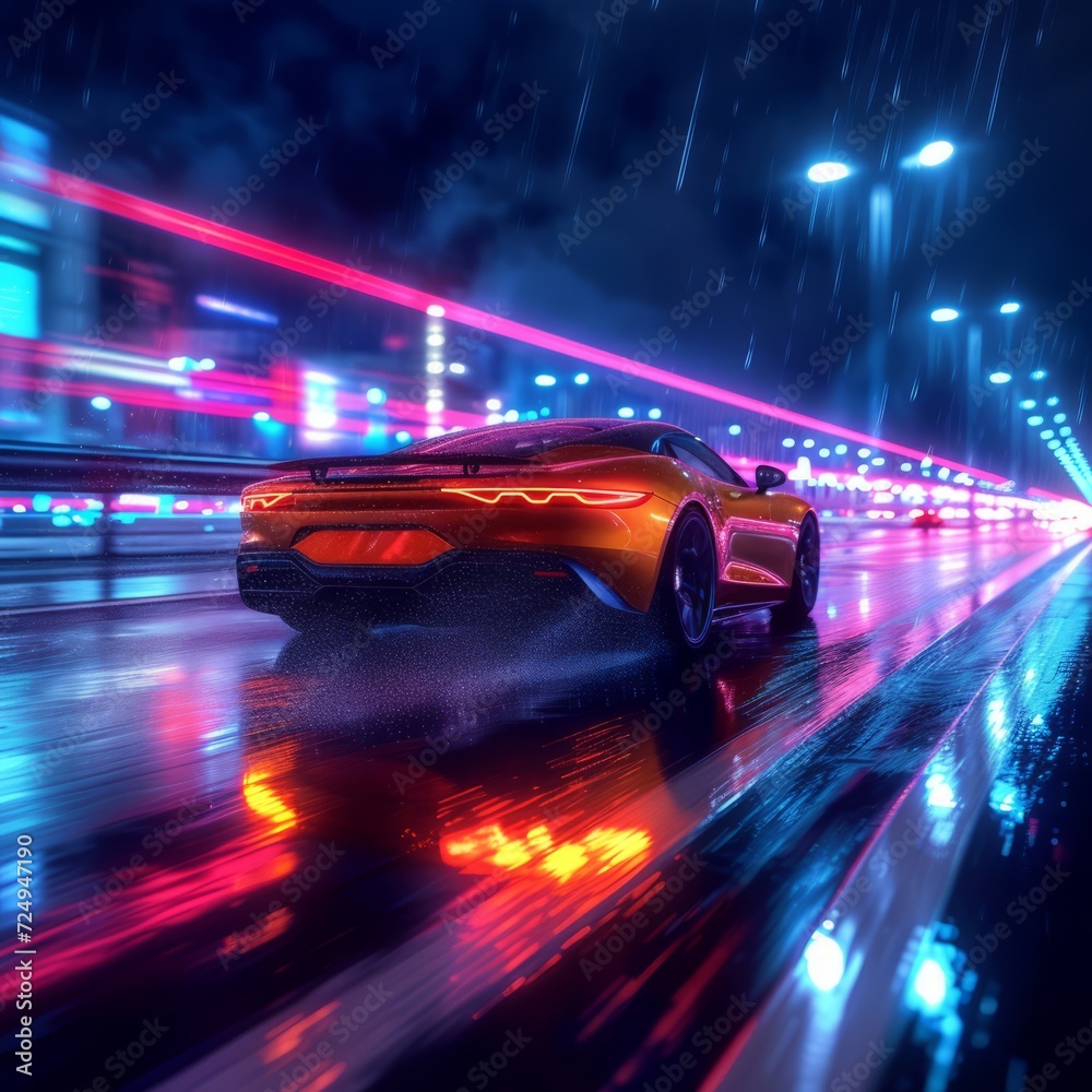 A sports car drives through a rainy city street at night