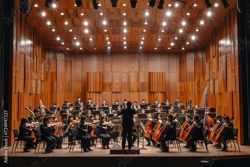 A large orchestra is performing on stage with the conductor in front of them photo