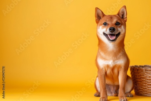 Studio shot of a happy Shiba Inu dog sitting next to a basket against yellow background © Adobe Contributor