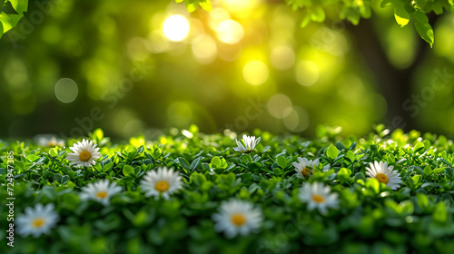 Daisy flower on green meadow in spring blowing in a garden under sun light