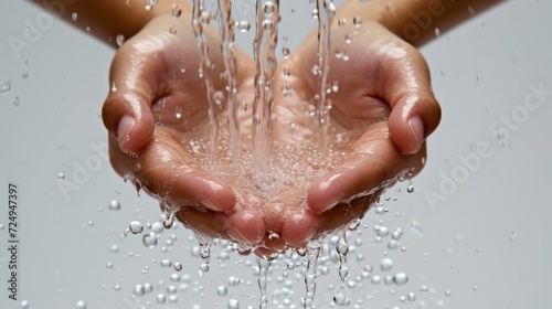 A person's hands holding water with a grey background