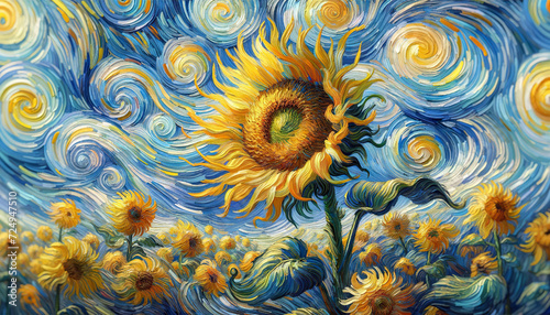 This is a vibrant painting of sunflowers with swirling blue skies reminiscent of Van Gogh's style, showcasing vivid movement and energy.Art concept. AI generated. photo