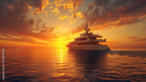 Superyacht sailing on tranquil waters at dramatic sunset