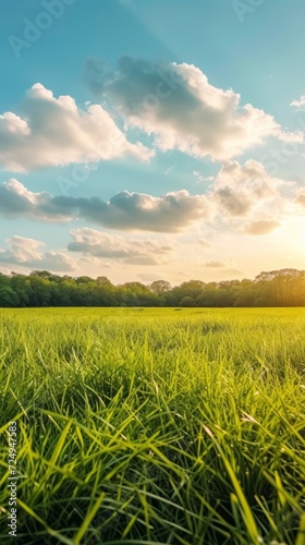 Green Grass Field Under Blue Sky With White Clouds At Sunset