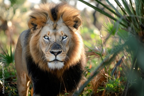 Close up of a male lion staring at the camera