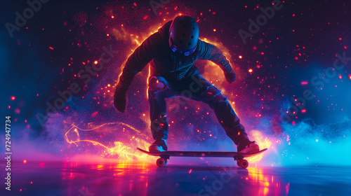 Skateboarder performing trick with vibrant neon lights photo
