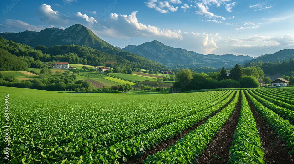 Verdant agricultural land with mountain range in the background Verdant agricultural land with mountain range in the background