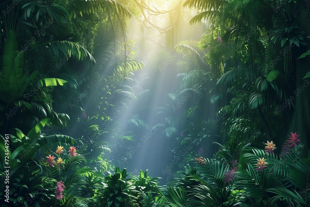 Sunlight shining through the lush green rainforest canopy