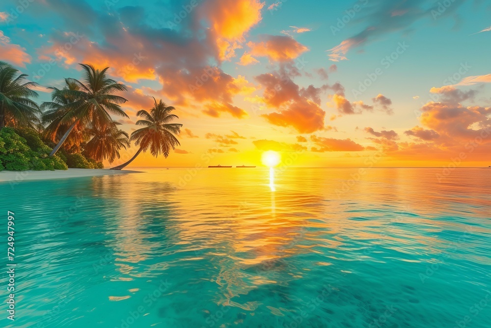Amazing sunset at tropical beach with palm trees and turquoise ocean