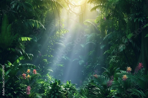 Sunlight shining through the lush green rainforest canopy