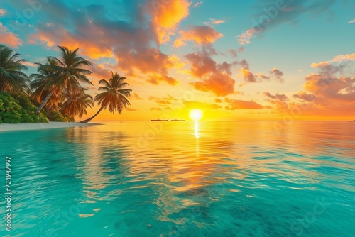 Amazing sunset at tropical beach with palm trees and turquoise ocean