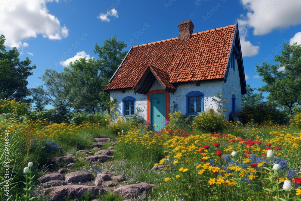 Small cottage in a lush green field with a colorful garden