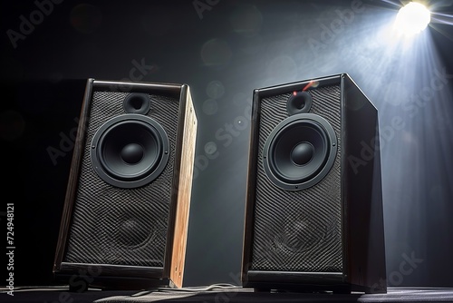 Two black speakers with carbon fiber mesh in a dark room with a spotlight photo