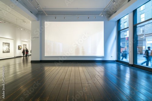 Modern empty art gallery with white blank canvas on the wall