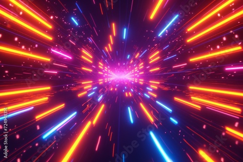 3D illustration of a hyperspace tunnel with glowing neon lights