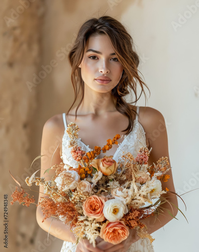 mujer rubia joven llevando un vestido de novia blanco, con tirantes, manteniendo un ramo de flores en sus manos, sobre fondo desenfocado de pared  photo