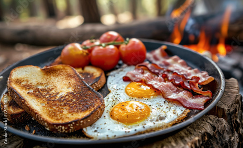 plato conteniendo huevos fritos, beicon, tomates y tostadas, posado sobre una superficie de madera y fondo desenfocado de brasa con llama en plena naturaleza, efecto bokeh