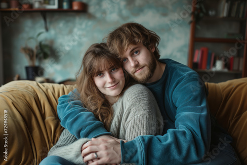Romantic happy young couple relaxing on couch at home. Loving spouses resting in cozy living room interior. People in love enjoying weekend time together. © MNStudio