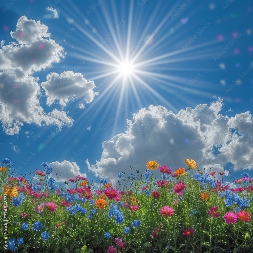 Field of flowers under a bright sun